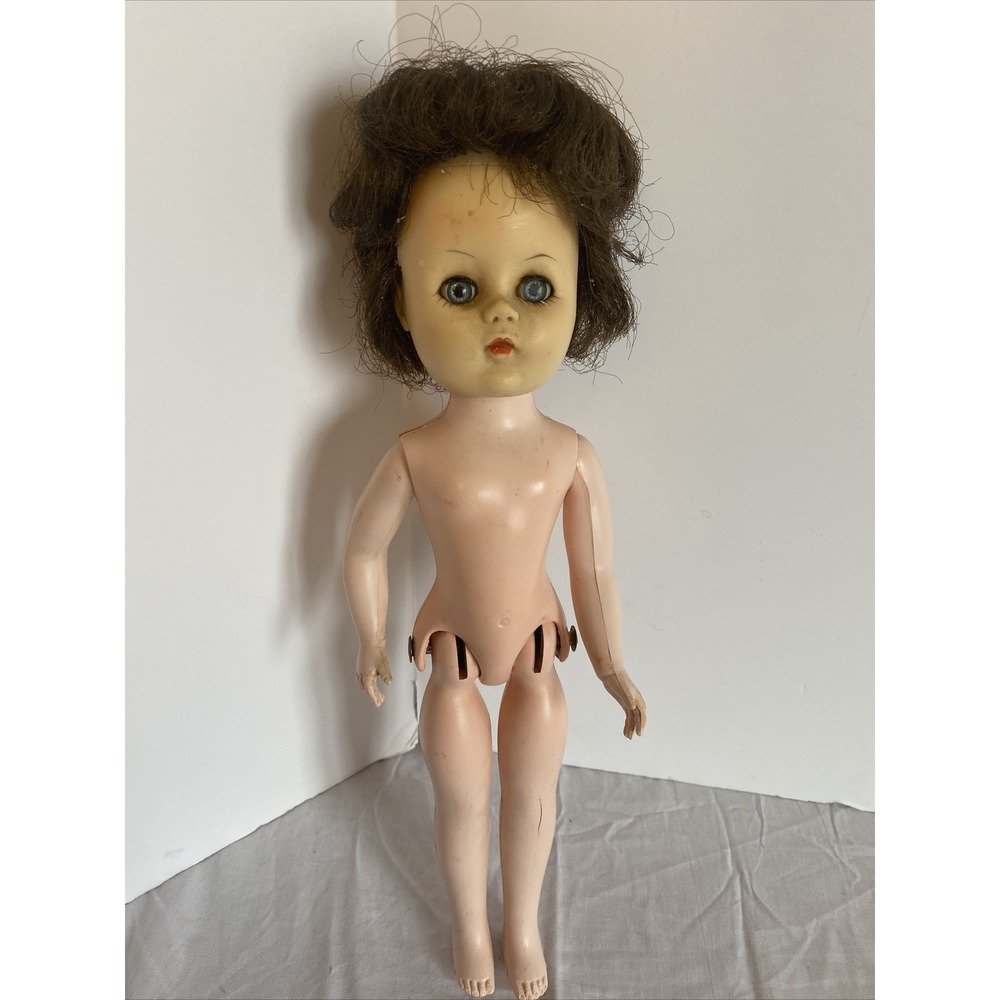 Vintage Jointed Doll 14" USA rooted hair blue eyes brown hair